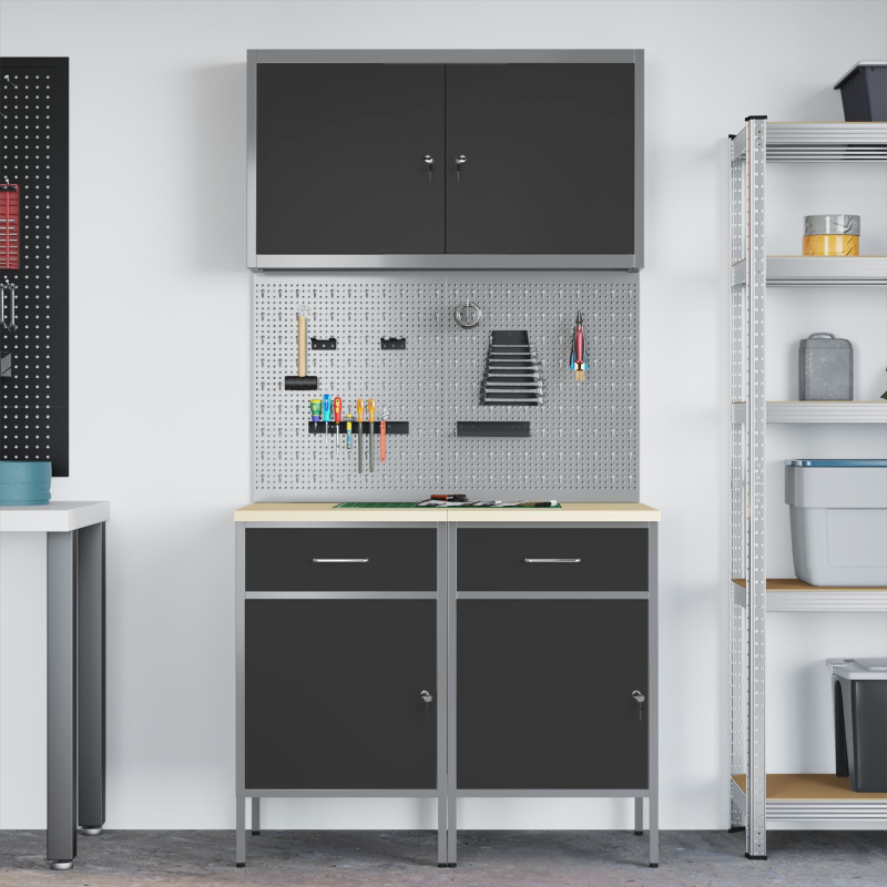 5-teiliges Arbeitszimmerschrank- und Lochplatten-Set Schwarz MDF und Metall