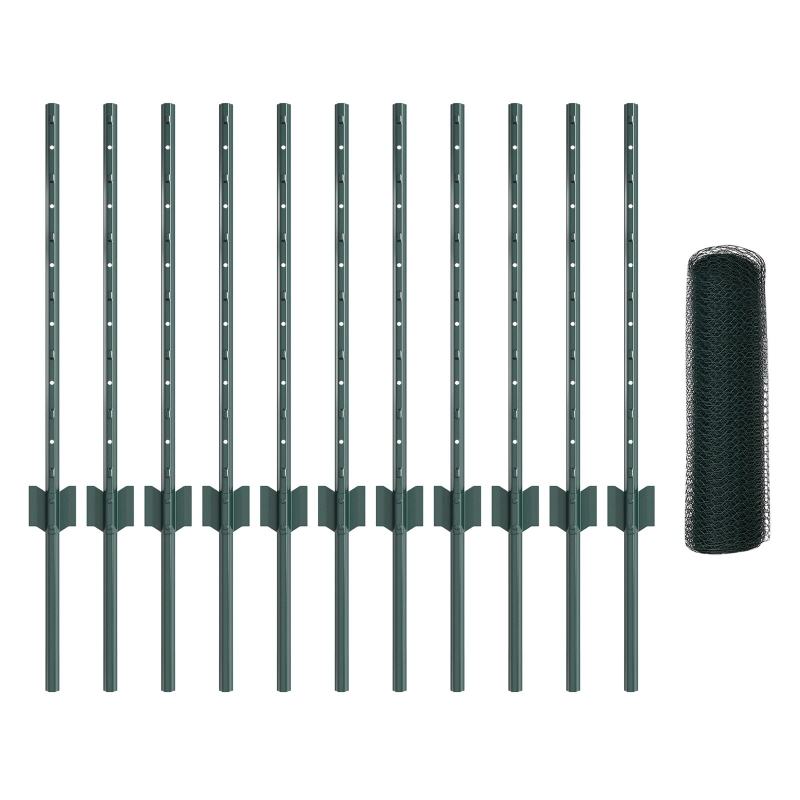 Zaunpfosten 11 Stück U-Kanal grün 60 cm Stahl, Sechseckzaun grün 0,6x25 m Stahl