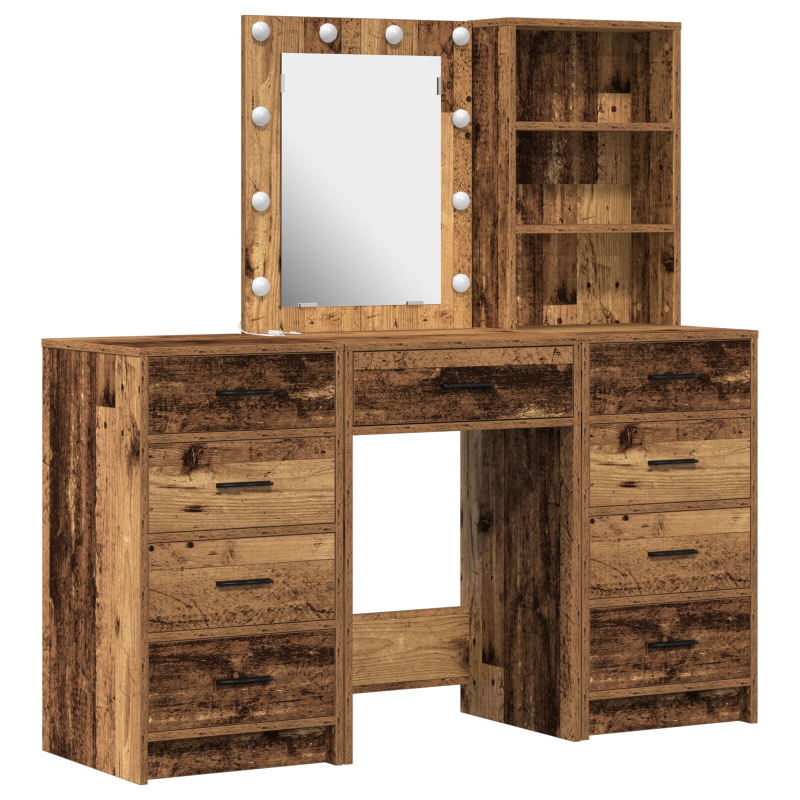 3-teiliges Frisiertisch Set mit LED im alten Holzfinish