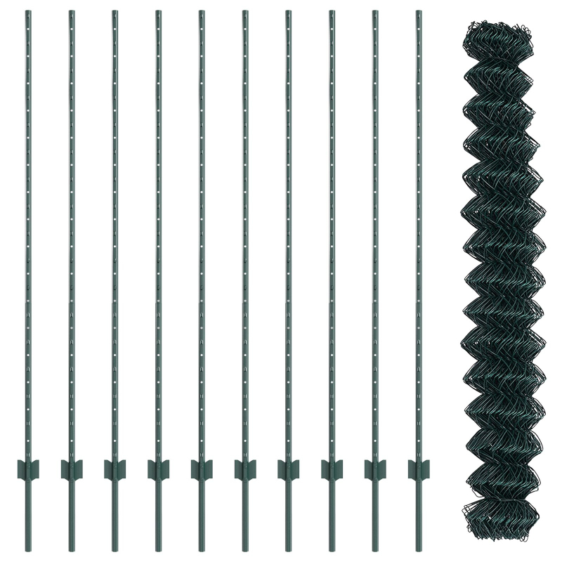 Kettenzaun mit 10 U-Stützen Grün 1,6x10 m Stahl