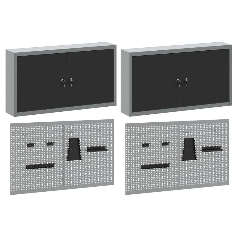 6-teiliges Werkzeugschrank- und Lochplatten-Set wandmontierbar, schwarzes Metall