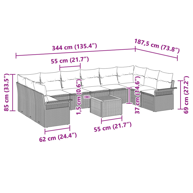 11-teiliges Garten Sofa Set mit Kissen Beige Poly Rattan Akazie