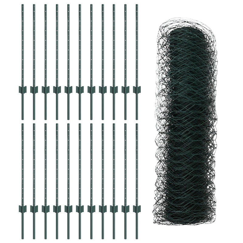 Zaunpfosten 11 Stück U-Kanal Grün 80 cm Stahl, Sechseckzaun Grün 0,8x50 m Stahl
