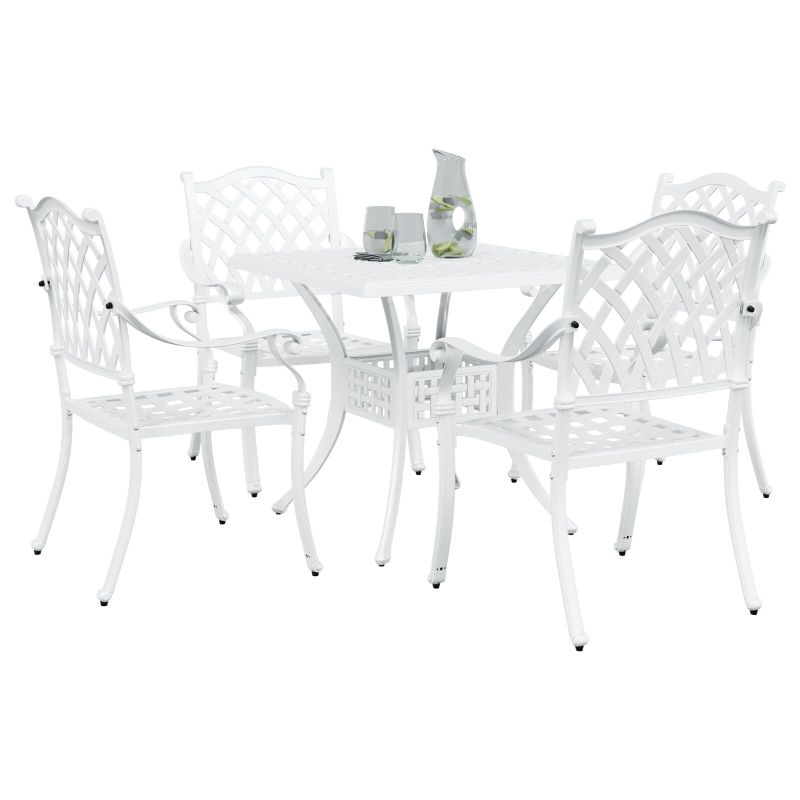 5-teiliges Garten-Esszimmer-Set aus weißem Guss-Aluminium