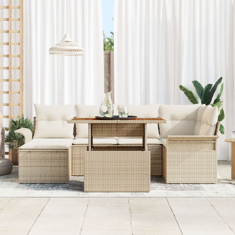 7-teiliges Garten-Esszimmer-Set mit Kissen, Beige Poly Rattan Akazie
