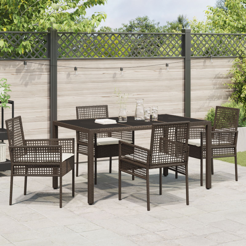 5-teiliges Garten-Ess-Set mit Kissen Braun Poly Rattan