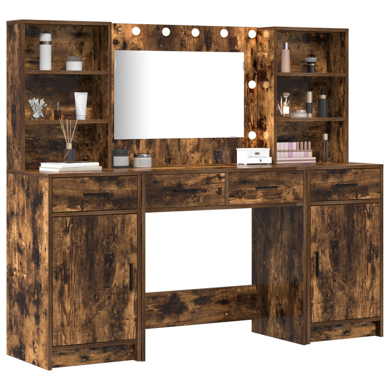 3-teiliges Schminktisch-Set aus rauchigem Eichenholz und beschichtetem Holz