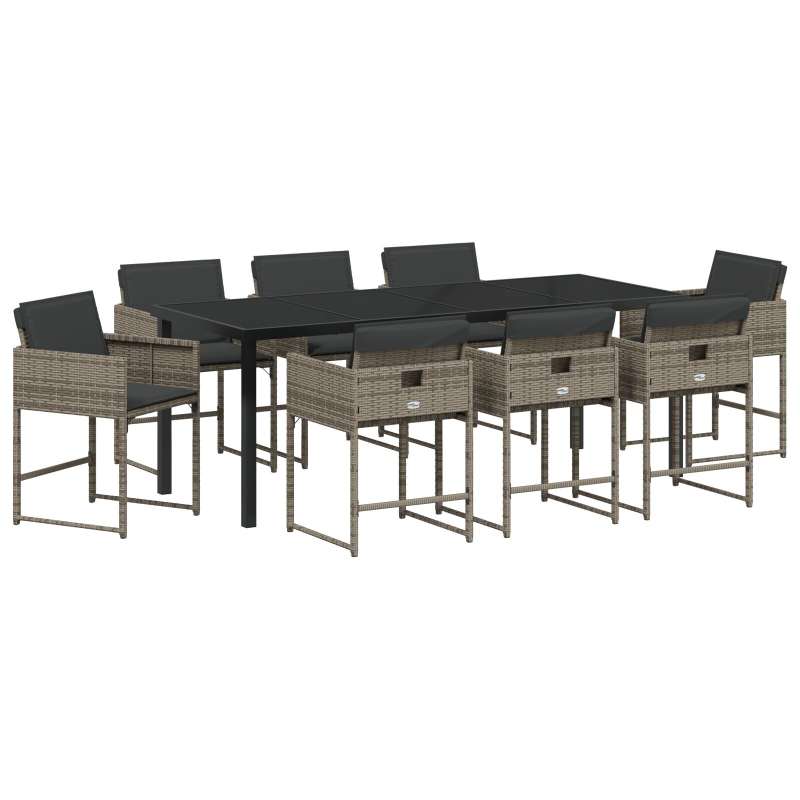 9-teiliges Garten Essset mit Kissen Grau Poly-Rattan