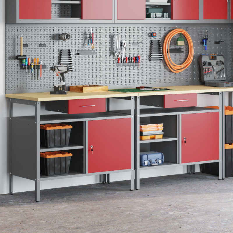 2-teiliges Werkbank-Set in Rot aus Stahl