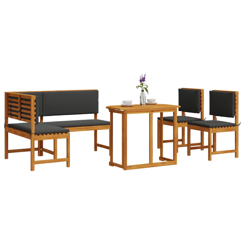 4-teiliges Garten-Esszimmer-Set mit Kissen aus massivem Akazienholz