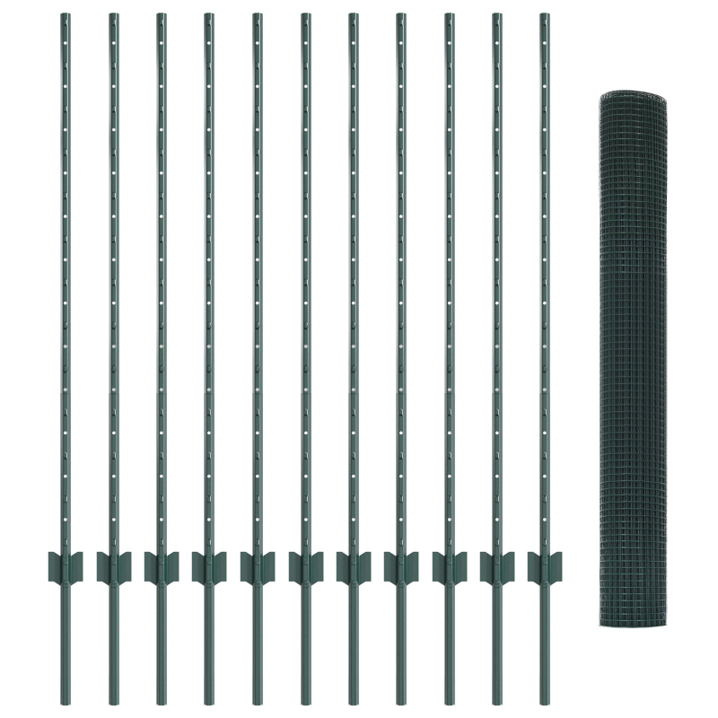 Geknoteter Drahtzaun mit 11 U-Pfosten Grün 1.2x25 m Stahl