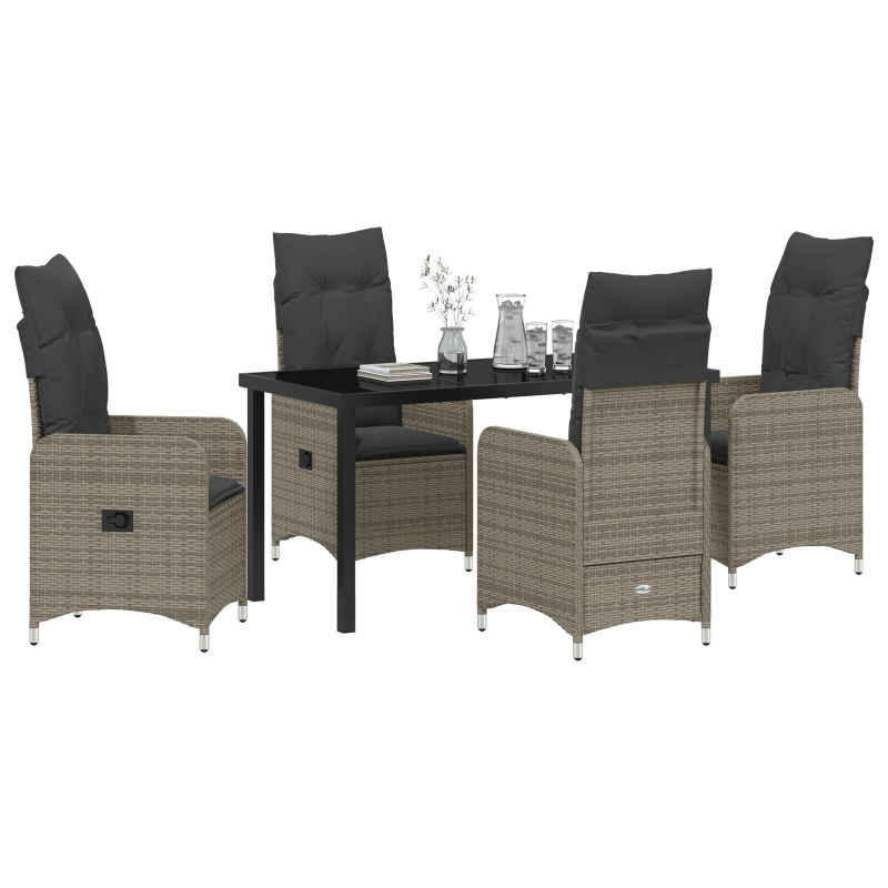 5-teiliges Garten-Ess-Set mit Kissen in Grau aus Poly-Rattan