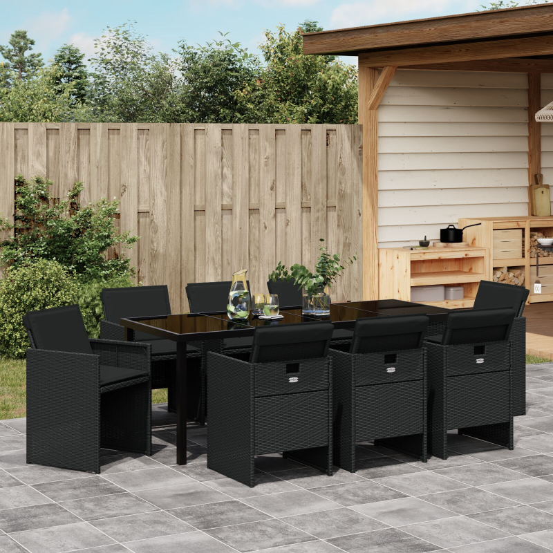 9-teilige Garten Essgruppe mit Kissen - Schwarzes Poly-Rattan