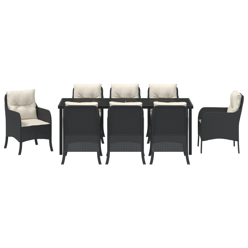 9-teiliges Garten-Essset mit Kissen Schwarz Poly-Rattan