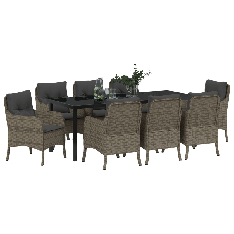 9-teiliges Garten-Esszimmer-Set mit Kissen Grau Poly Rattan