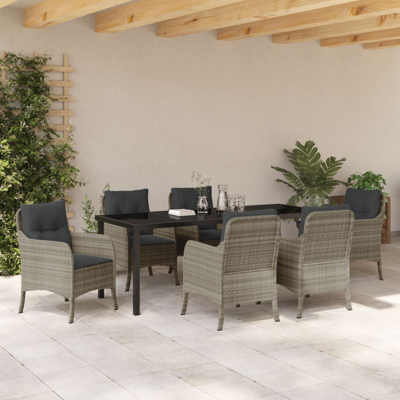 7-teiliges Garten-Ess-Set mit Kissen Hellgrau Poly-Rattan