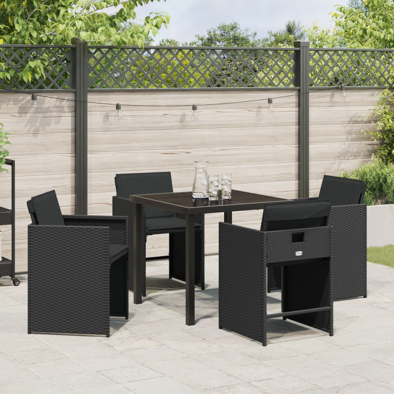 5-teiliges Garten-Essset mit Kissen Schwarz Poly-Rattan