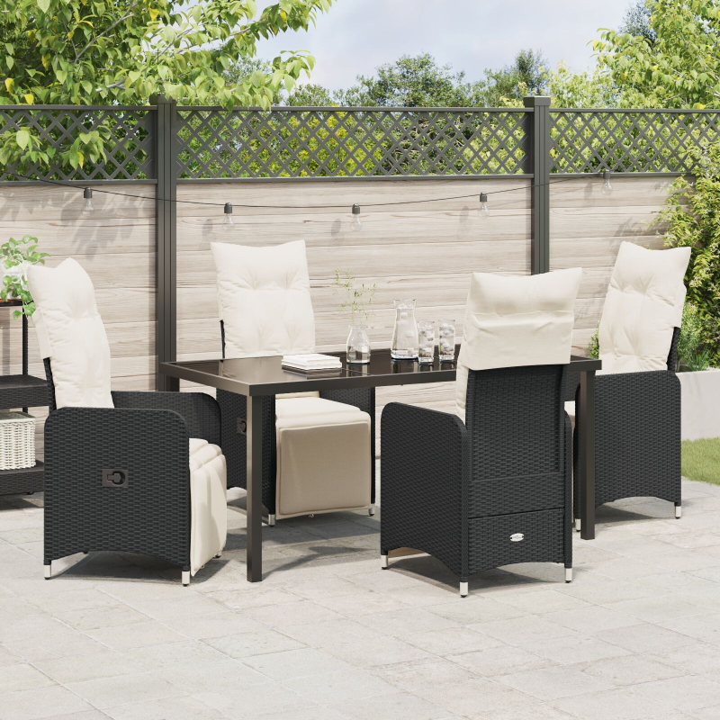 5-teiliges Gartenset mit Kissen in Schwarz aus Poly-Rattan