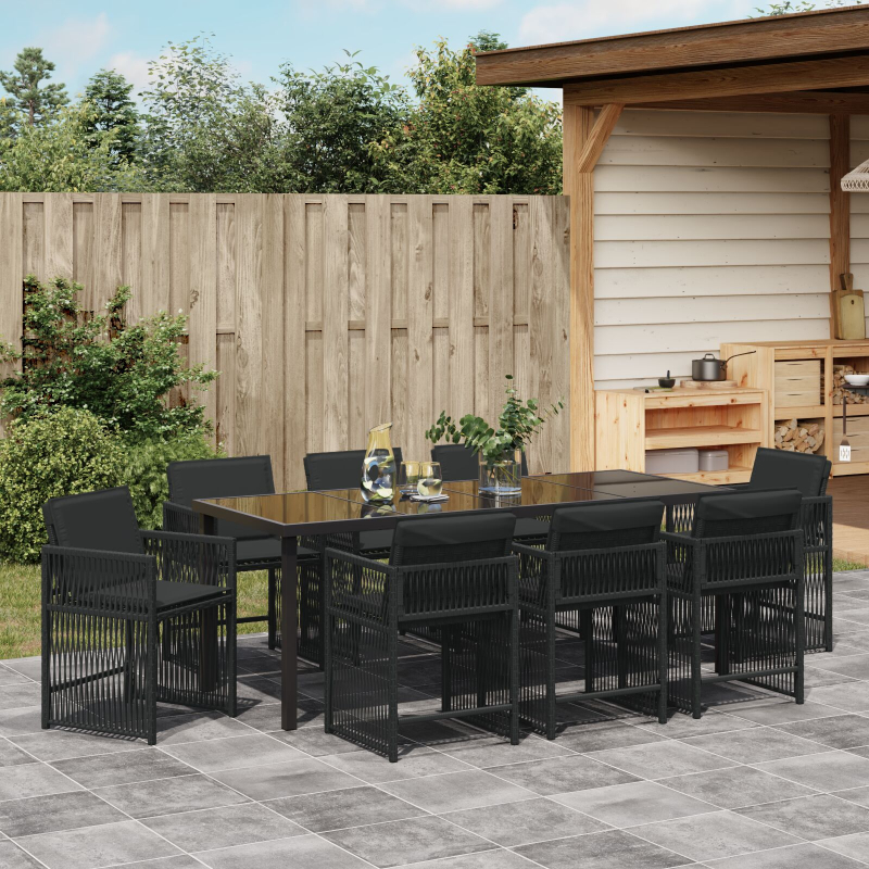 9-teiliges Garten Essset mit Kissen Schwarz Poly Rattan