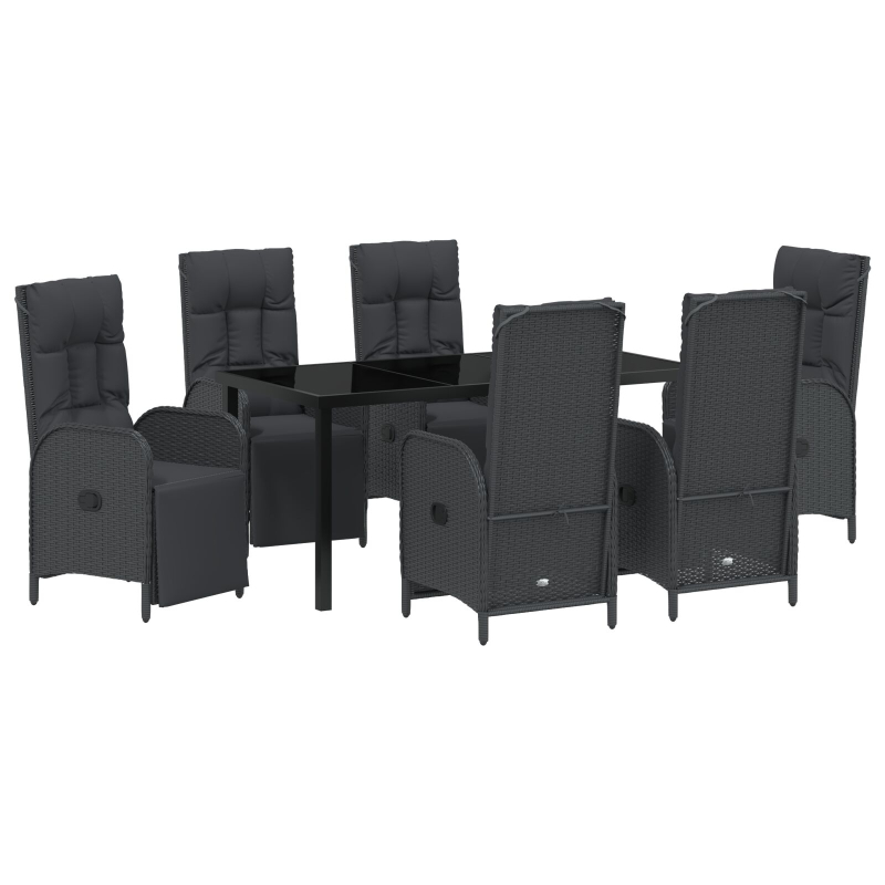 7-teiliges Garten Esszimmer Set mit Kissen aus schwarzem Poly-Rattan