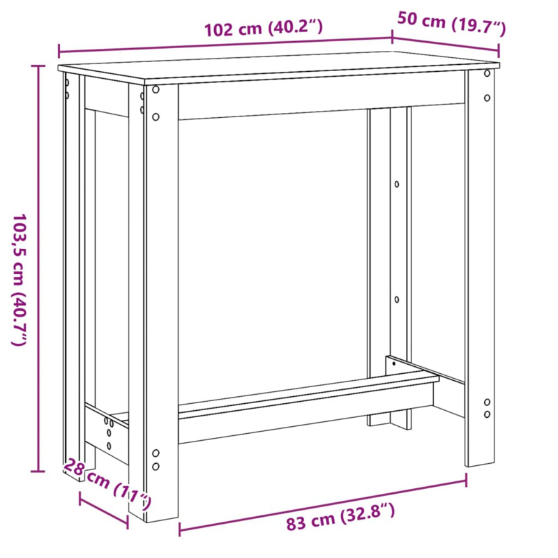 Bartisch aus schwarzem Eichenholz 102x50x103,5 cm aus Ingenieurholz