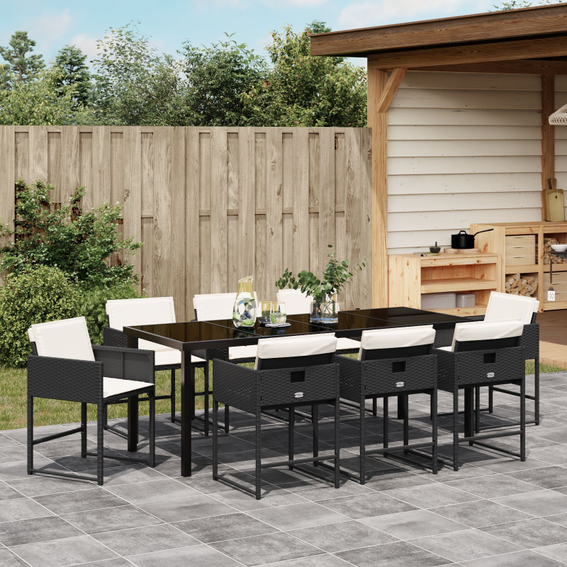 9-teiliges Garten-Essset mit Kissen - Schwarzes Poly-Rattan