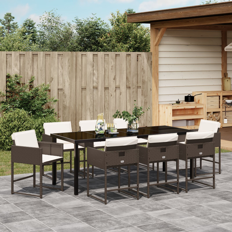 9-teiliges Garten Essset mit Kissen Braun Poly Rattan