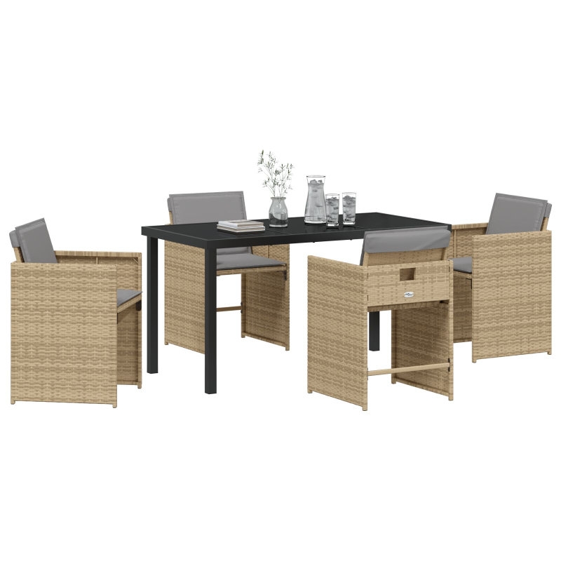 5-teiliges Garten-Ess-Set mit Kissen Beige Poly Rattan