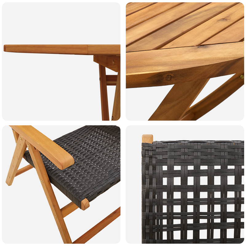 7-teilige Garten Essgruppe Schwarz Massivholz Akazie und Poly Rattan
