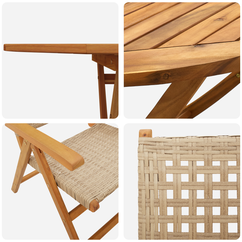 7-teiliges Garten-Ess-Set in Beige aus massivem Akazienholz und Poly-Rattan