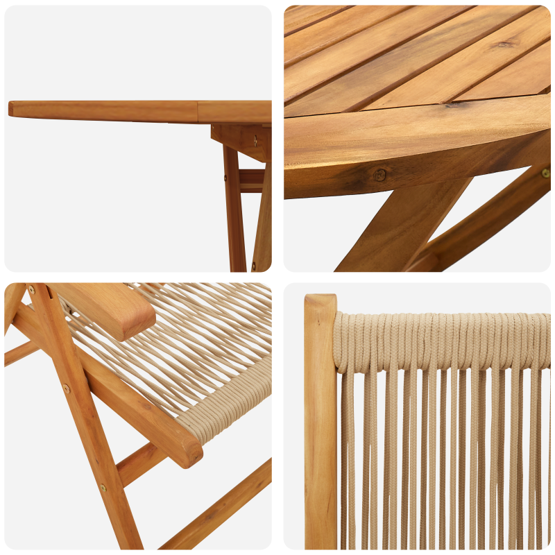 7-teiliges Gartentischset in Beige aus massivem Akazienholz und Poly-Rattan