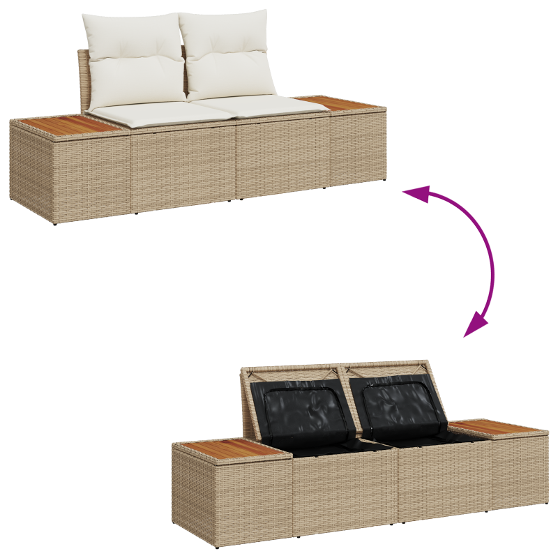 10-teiliges Garten-Sofa-Set mit Kissen Beige Poly Rattan Akazie