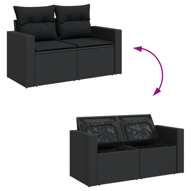 8-teiliges Garten Sofa Set mit Kissen Schwarz Poly Rattan Akazie