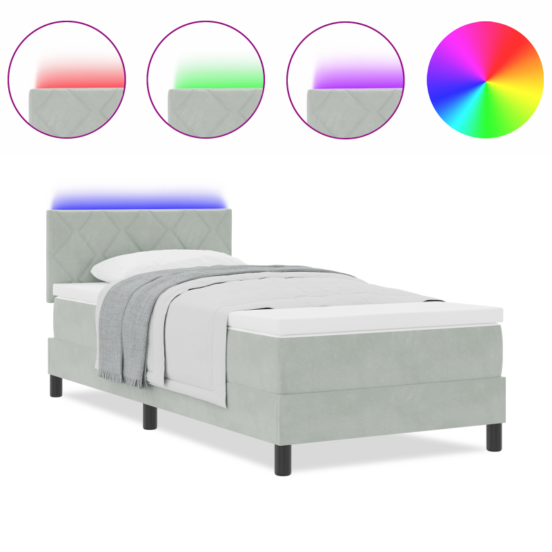 Boxspringbett mit Matratze & LED-Licht Hellgrau 90x200 cm Samt