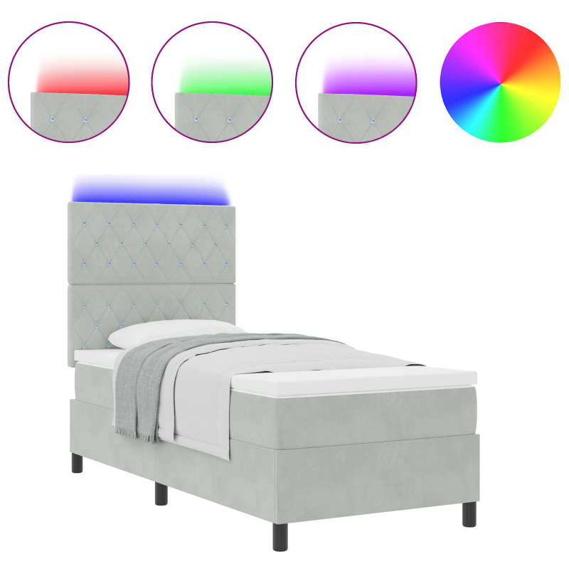Boxspringbett mit Matratze & LED-Licht Hellgrau 100x200 cm Samt