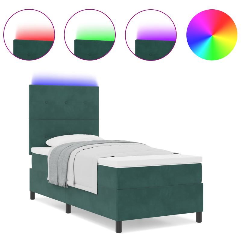 Box Spring Bett mit Matratze & LED Dunkelgrün 90x200 cm Samt