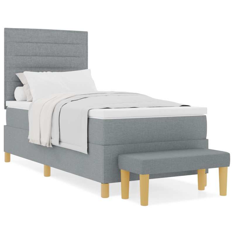 Boxspringbett mit Matratze & Bank in Hellgrau 100x200 cm aus Stoff