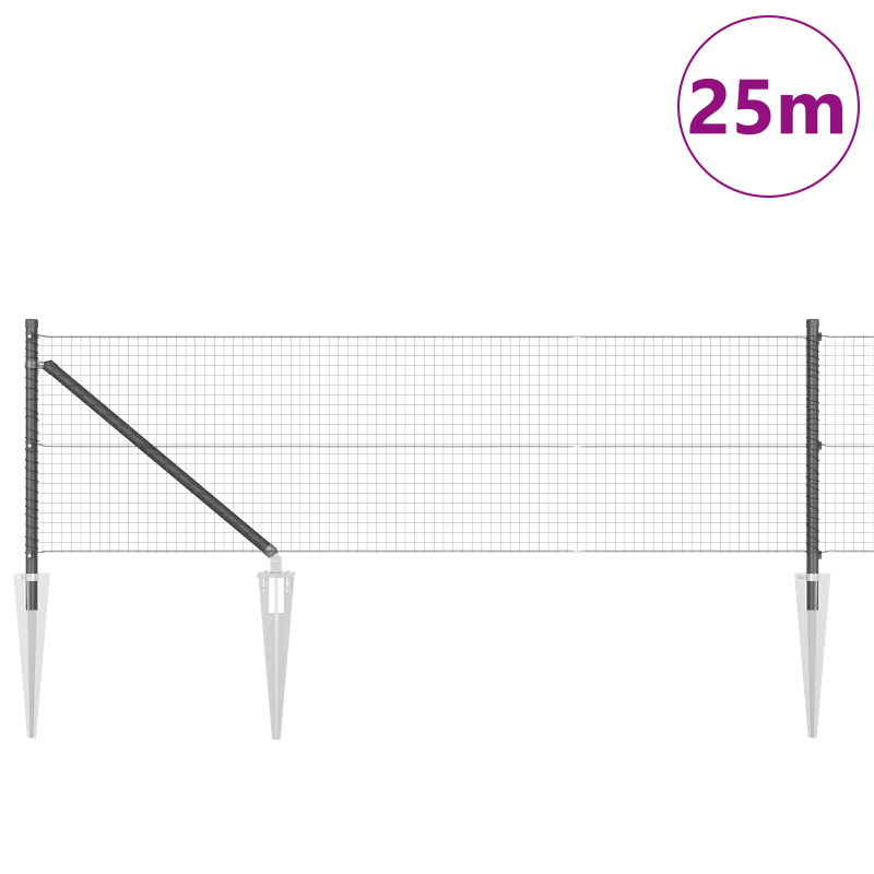 Gestickter Maschendrahtzaun mit 13 Spitzenpfosten Grau 0,8x25 m aus Stahl