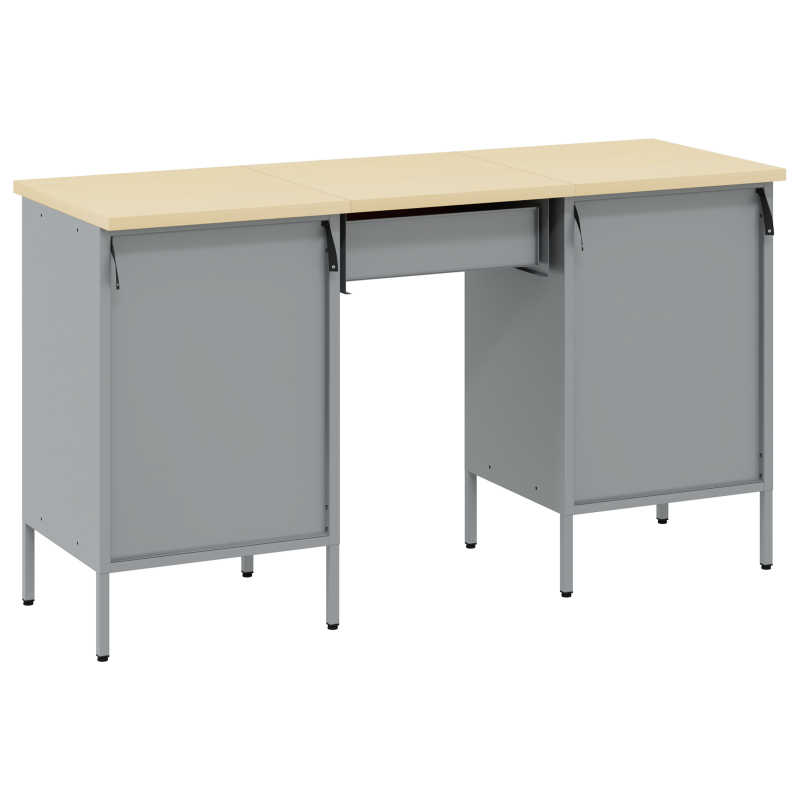 3-teiliger Arbeitsstellen- und Tisch-Satz Schwarz Ingenieurholz und Stahl