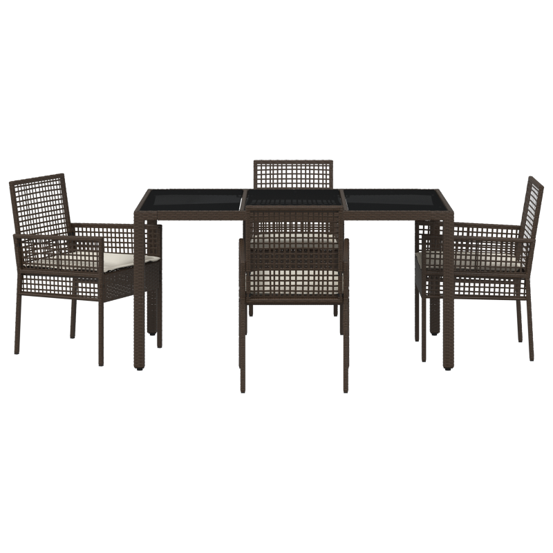 5-teiliges Garten-Ess-Set mit Kissen Braun Poly Rattan