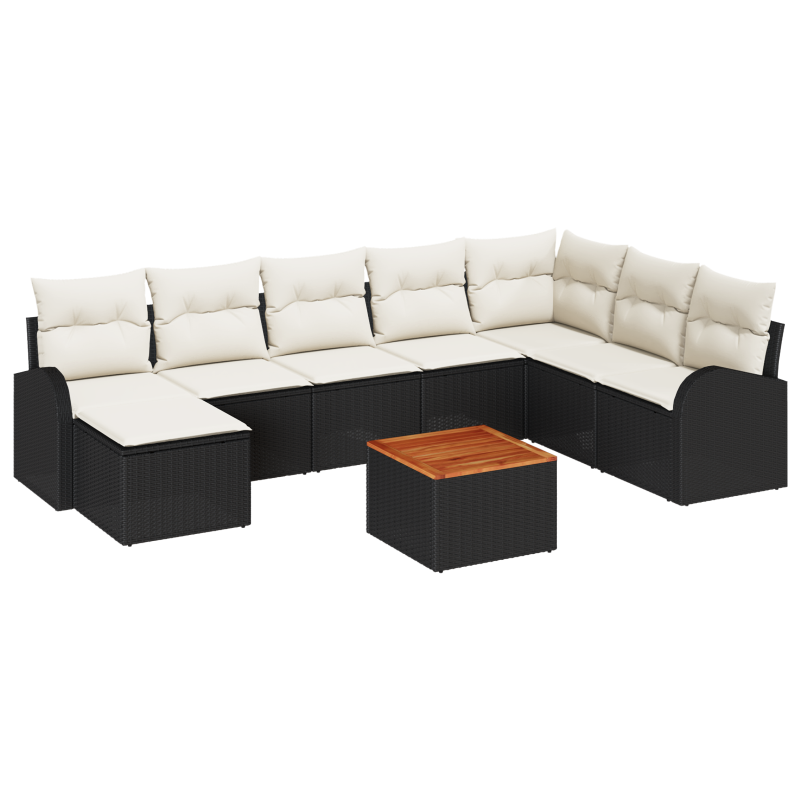 9-teiliges Garten Sofa Set mit Kissen Schwarz Poly Rattan Akazie