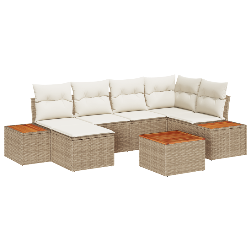 7-teiliges Garten-Sofa-Set mit Kissen in Beige aus Poly Rattan und Akazie