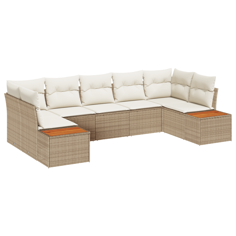 7-teiliges Garten Sofa Set mit Kissen Beige Poly Rattan Akazie