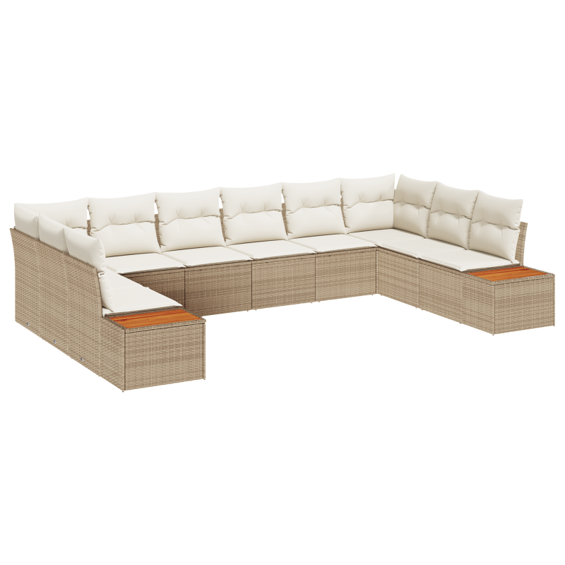 10-teiliges Garten-Sofa-Set mit Kissen Beige Poly Rattan Akazie