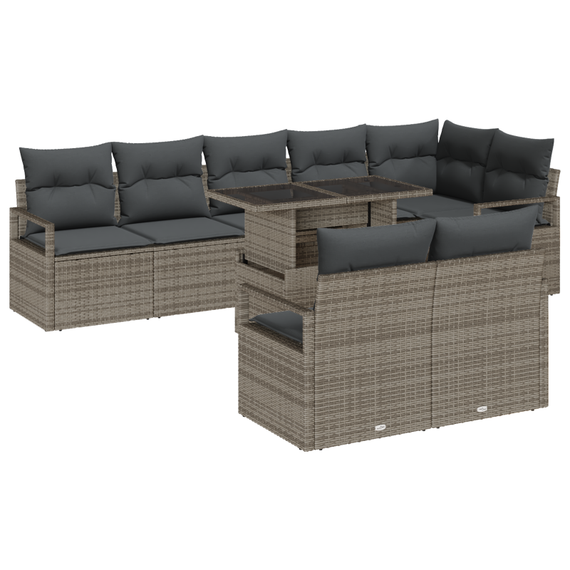 9-teiliges Garten Sofa Set mit Kissen Grau Poly Rattan
