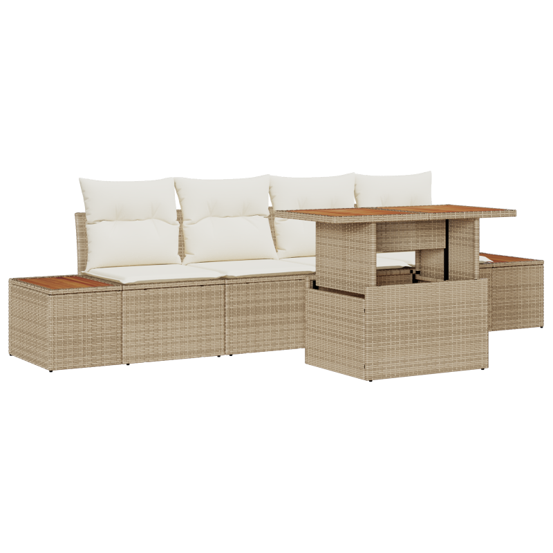 5-teiliges Garten-Sofa-Set mit Kissen Beige Poly Rattan
