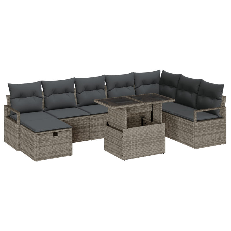 9-teiliges Garten Sofa Set mit Kissen Grau Poly Rattan