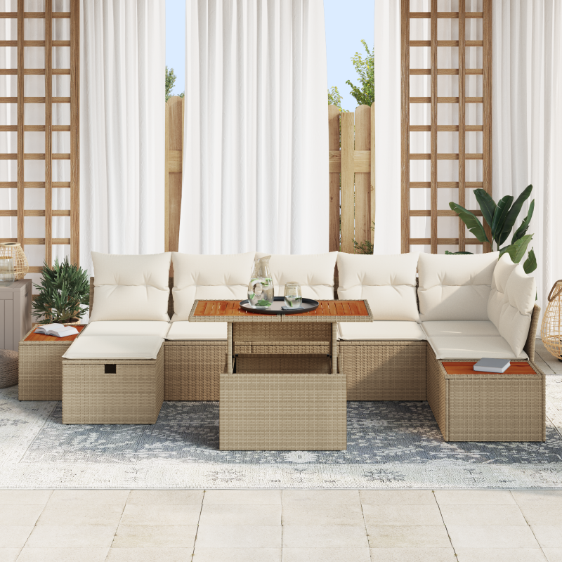 8-teiliges Garten Sofa Set mit Kissen Beige Poly Rattan Akazie