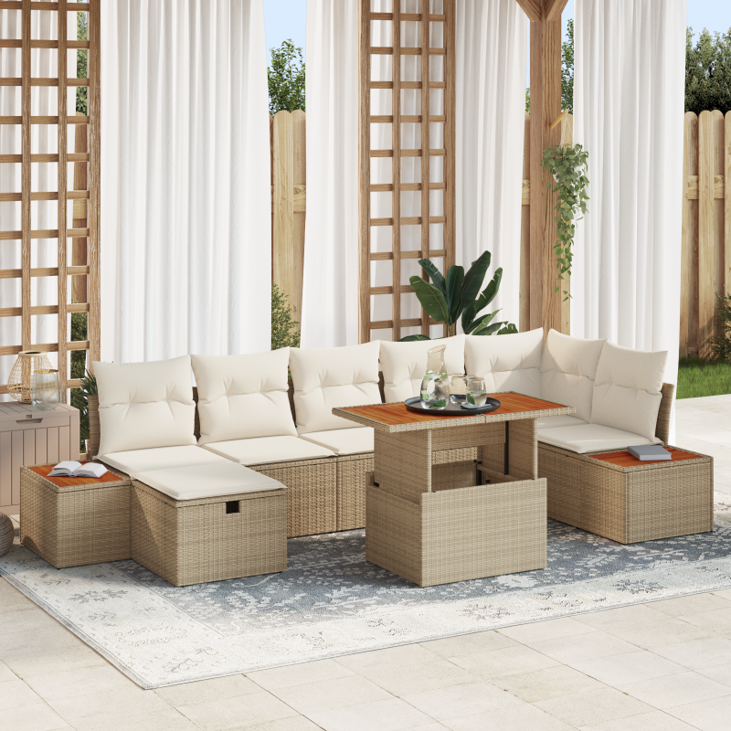 8-teiliges Garten Sofa Set mit Kissen Beige Poly Rattan Akazie