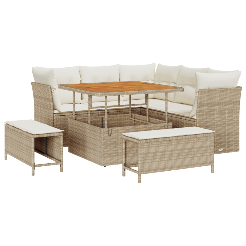 8-teilige Garten Sofagarnitur mit Kissen Beige Poly Rattan Akazie